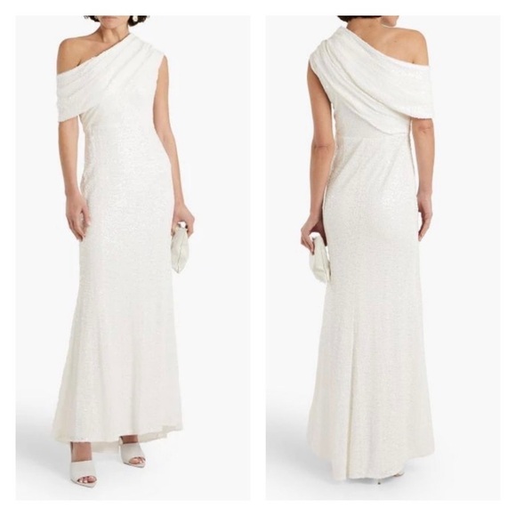 BADGLEY MISCHKA Asymmetric One Shoulder Formal Bridal Gown White Size 6 NWT - Picture 9 of 13